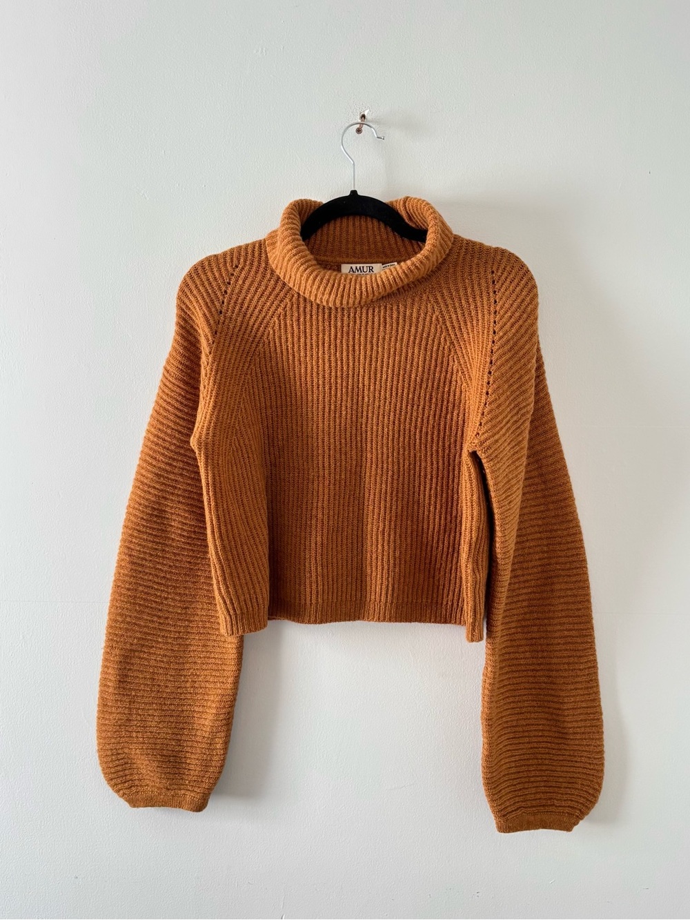 AMUR Jaco Ribbed Turtleneck Sweater in Copper Lambswool Knit Pullover Cropped